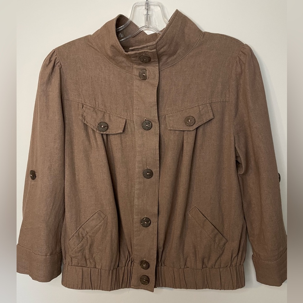 Mine Brand Womens Jacket Medium Brown 3/4 Sleeves Cotton Linen